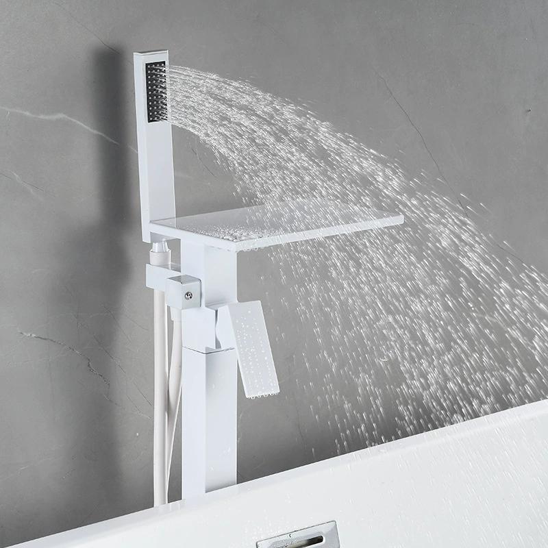 Tuqiu Black Bathroom Bathtub Faucet + Handheld Shower Free Standing Luxury White Waterfall BathTub Mixer Taps Floor Mounted