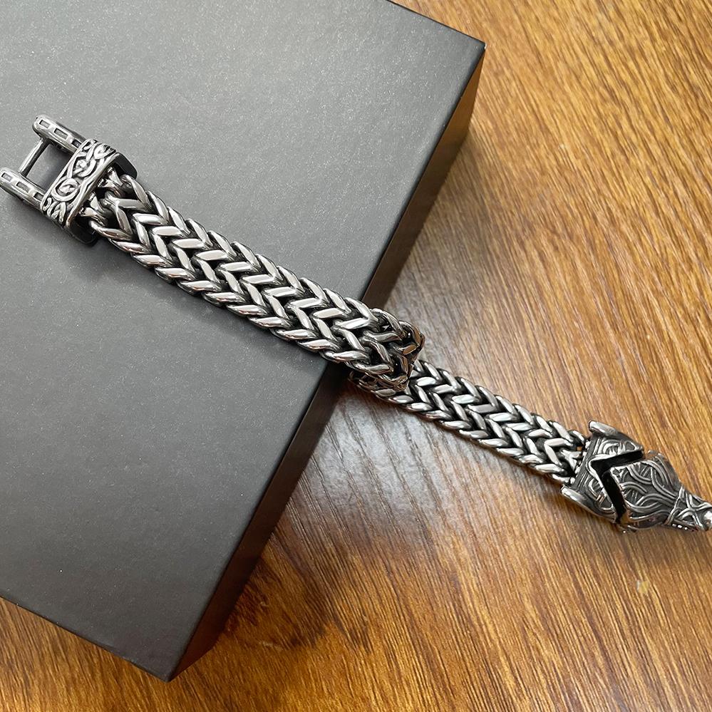 Bracciale Lupo Vichingo Norreno per Uomo Acciaio Inossidabile 12MM Maglia a Rete Bracciali da Uomo Bocca di Lupo Aperta Gioielli Nordici 21/23CM