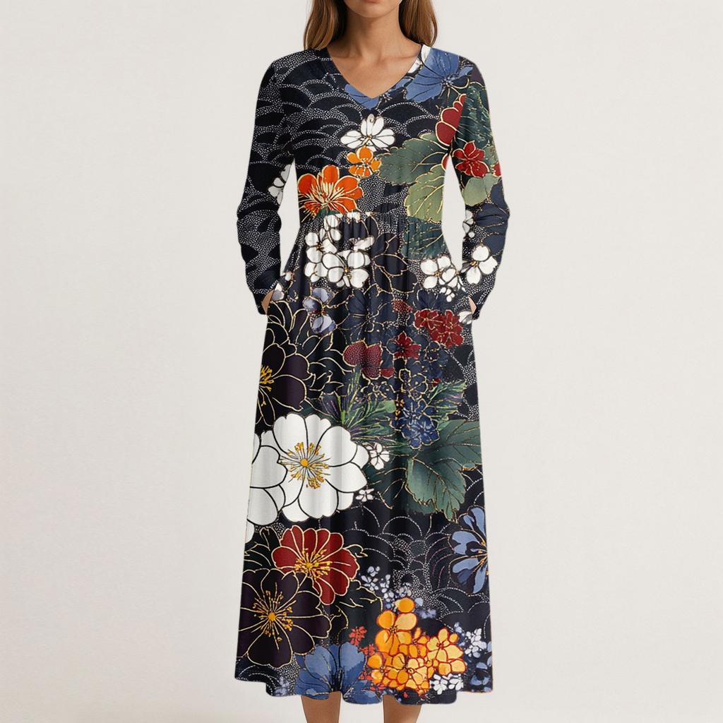 Šaty Pro Ženy Dlouhé Boho Plážové Šaty Elegantní Maxi Šaty Výstřih do V Dlouhý Rukáv Šaty s Kapsami