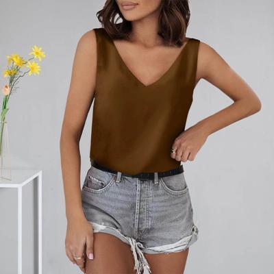 Vest V-Neck Sleeveless Solid Color Tank Tops Loose Fit Satin Camisole Tops Versatile Casual