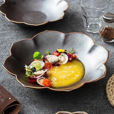 Tiefer Teller aus Keramik mit schwarzem Goldrand, Salatteller, Dessertteller, Dim-Sum-Snackteller, dicke Suppenteller, kreatives Hotelgeschirr
