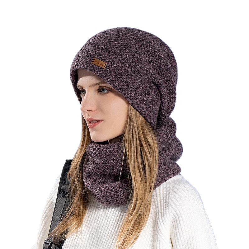 Women's Knitted Hat Winter European and American Warm Hat Scarf Set Fleece Ear Protector Pullover Wool Hat