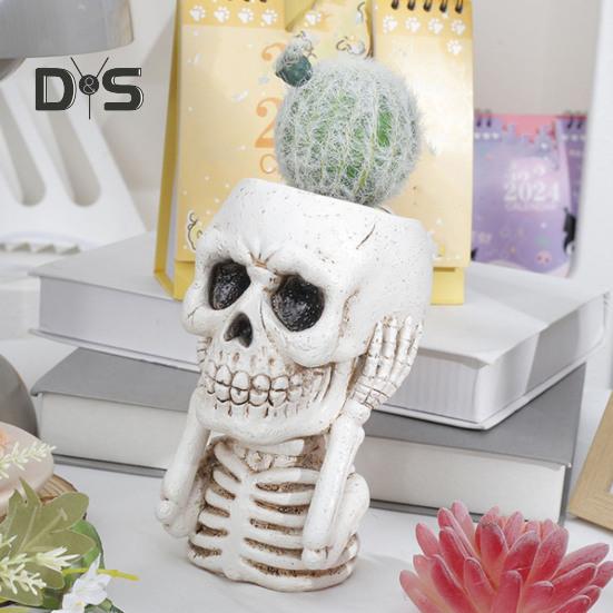 Resin Planter Pot Skull Halloween Skeleton Figurine Flowerpot Indoor Outdoor Succulents Plants Container Home Balcony Garden Decoration