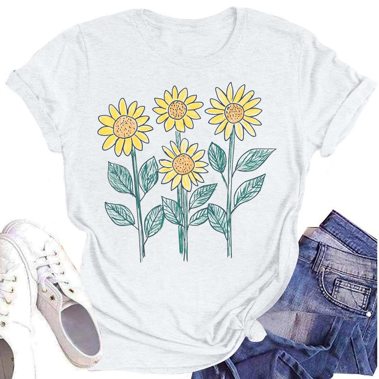 

Женская повседневная футболка с круглым вырезом и цветочным принтом, короткий рукав XL белый