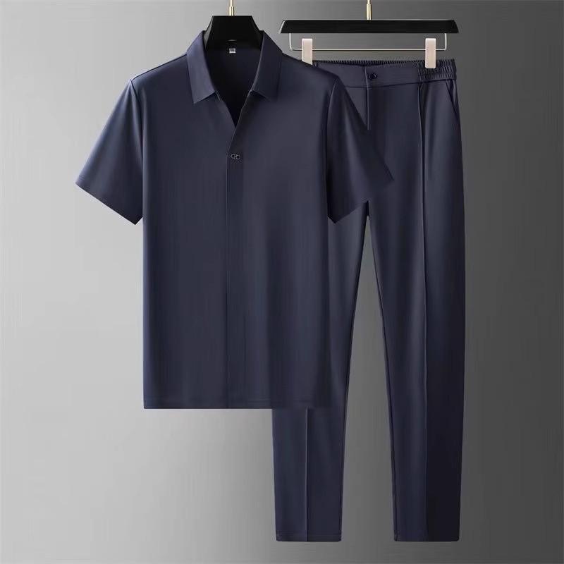 Herren Business Casual Kurzarm Nahtloses Seidenähnliches Zweiteiliges Set