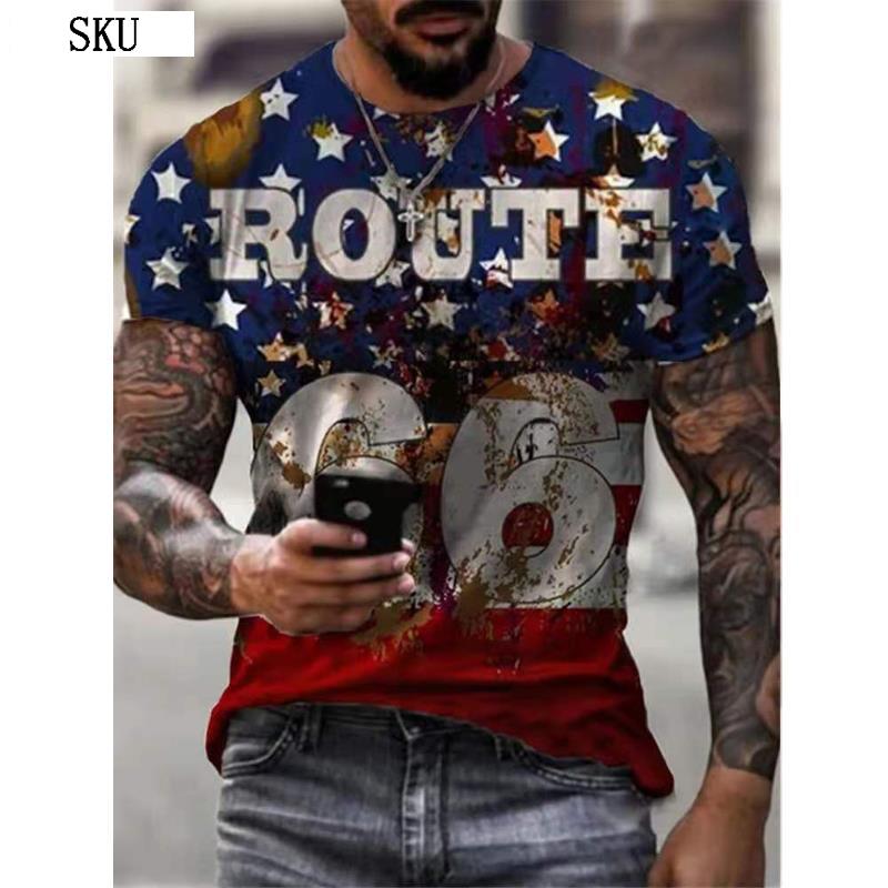 Summer Round Neck 3D Route 66 America Highway Print Top Fashionable Casual Short Sleeved Men's T-shirts