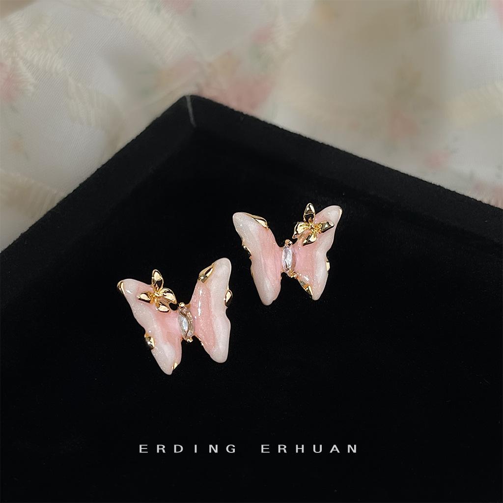 Fresh and sweet~ Design pink gradual change enamel drop glaze butterfly earrings, elegant temperament new earrings