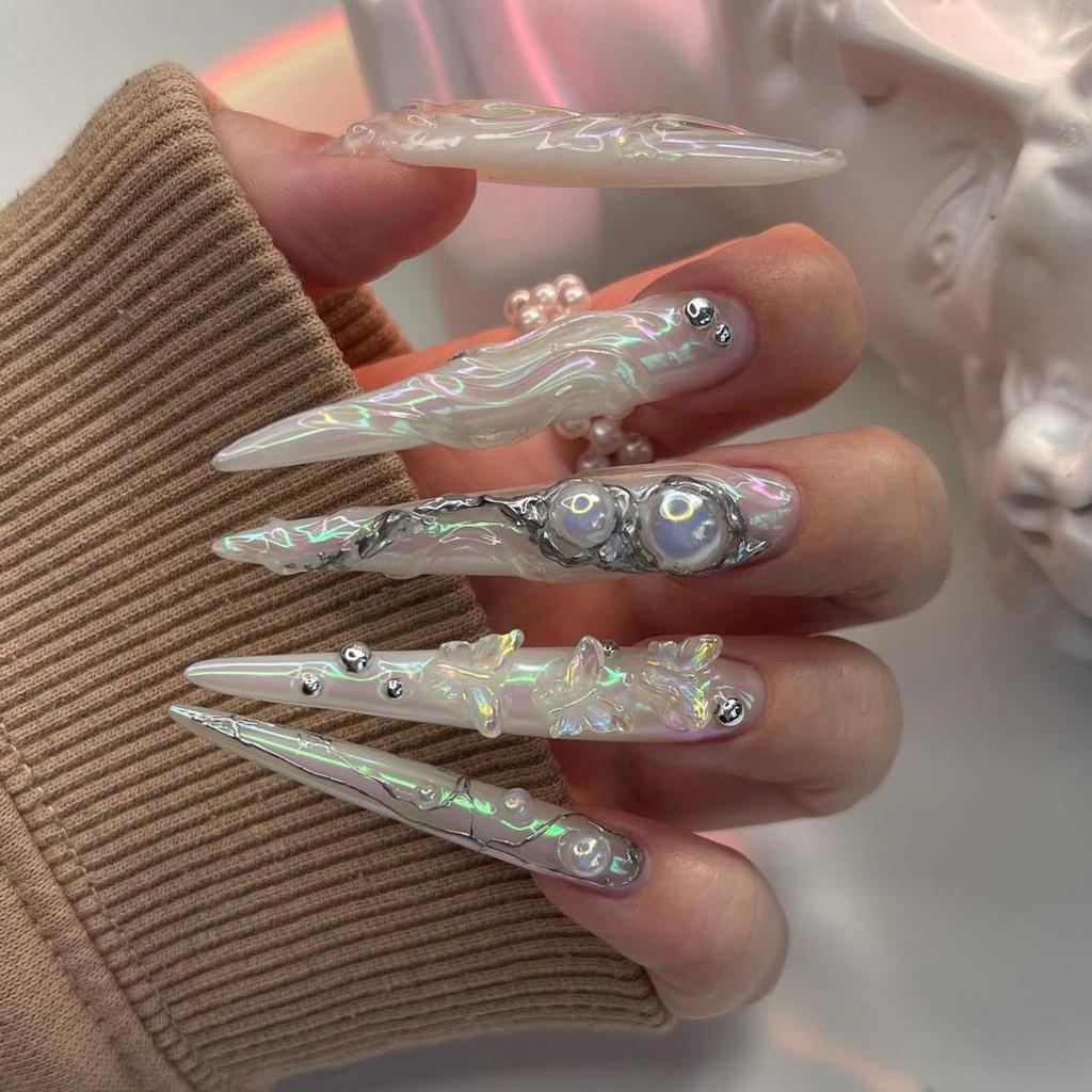 Aurora 3D Butterfly Pointed Beauty Nails - Long Wearable Pearl Nude Glitter with Rhinestones