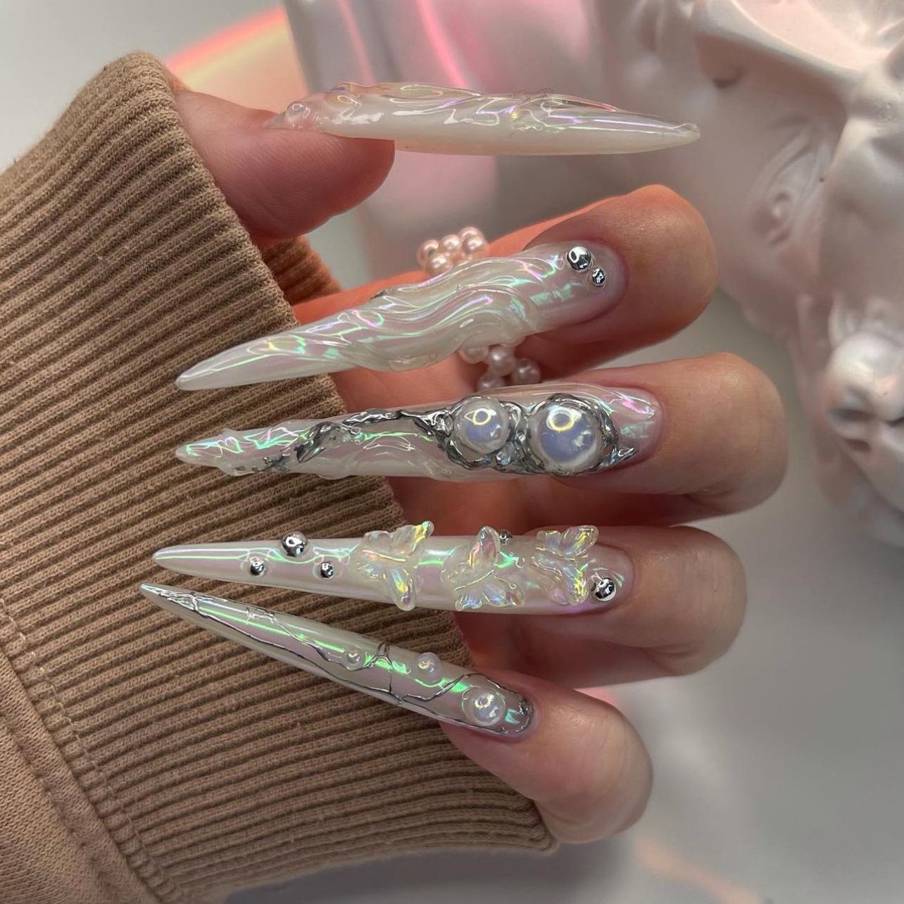 Aurora 3D Butterfly Pointed Beauty Nails - Long Wearable Pearl Nude Glitter with Rhinestones ST3498 [with glue]