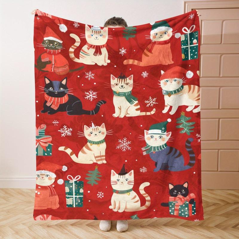 1pc Soft & Cozy Christmas Cats Flannel Throw Blanket - Contemporary Digital Print Lightweight All-Season Sofa Office Camping 75X95CM