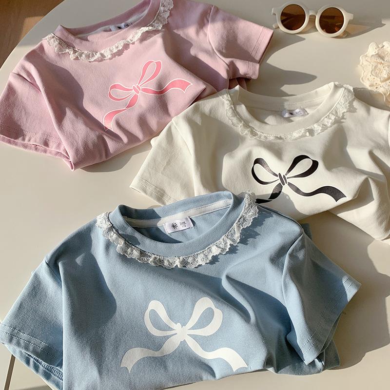 Girls' Casual Cotton Short-sleeved T-shirt For Summer, Cute Little Bow T-shirt For Children