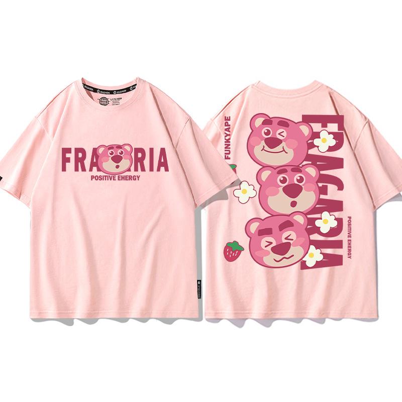 Strawberry Bear Joint TShirt Unisex Loose Fashion Brand Different Pure Cotton Clothes Summer Couples Short Sleeve