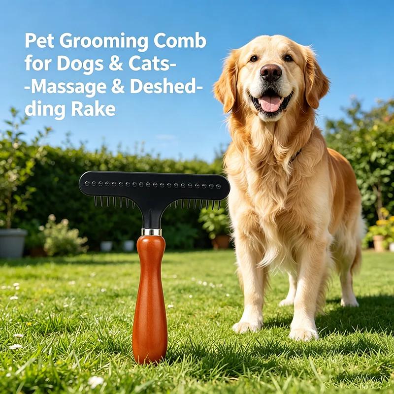 Wooden Pet Deshedding Tool for Long And Short Hair Dog And Cat Undercoat Rake - Grooming Brush for Dogs And Cats