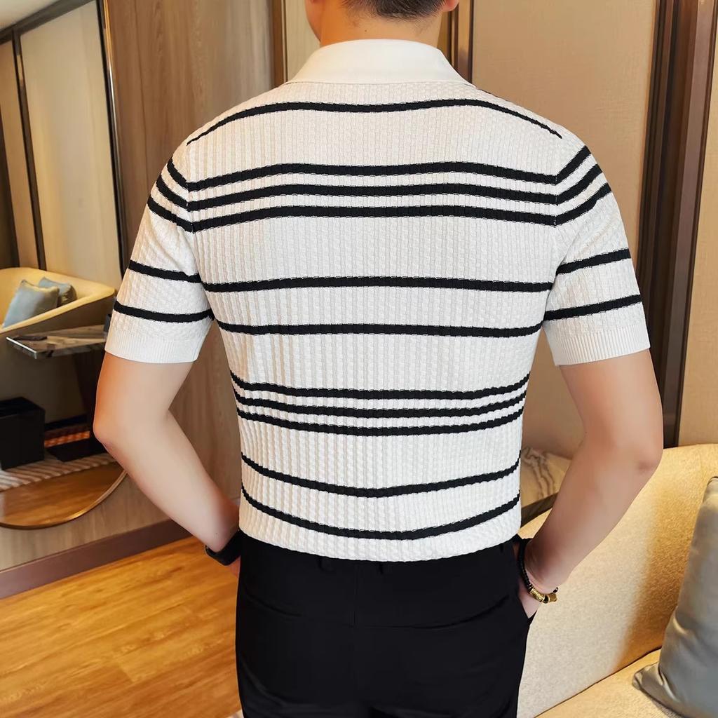 Summer Men's Knit Polos Fashion Striped Turn Down Collar Short Sleeve Polo Shirts