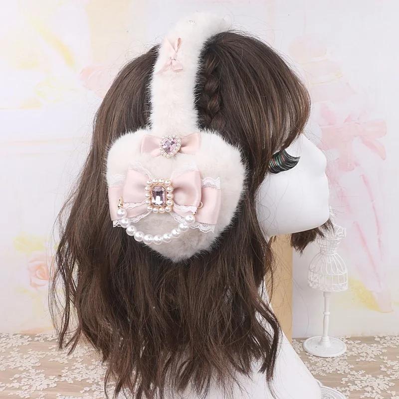 Handmade Japanese Sweet Mine Hairy Rhinestone Big Love Bow Warm Earmuffs Lolita Sweet Girls Earmuffs