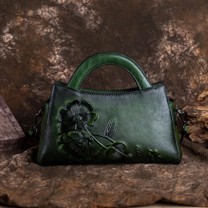 Johnature Sac Vintage en cuir véritable pour femmes, sac à main de luxe en cuir de vache naturel, sacs à bandoulière polyvalents en relief