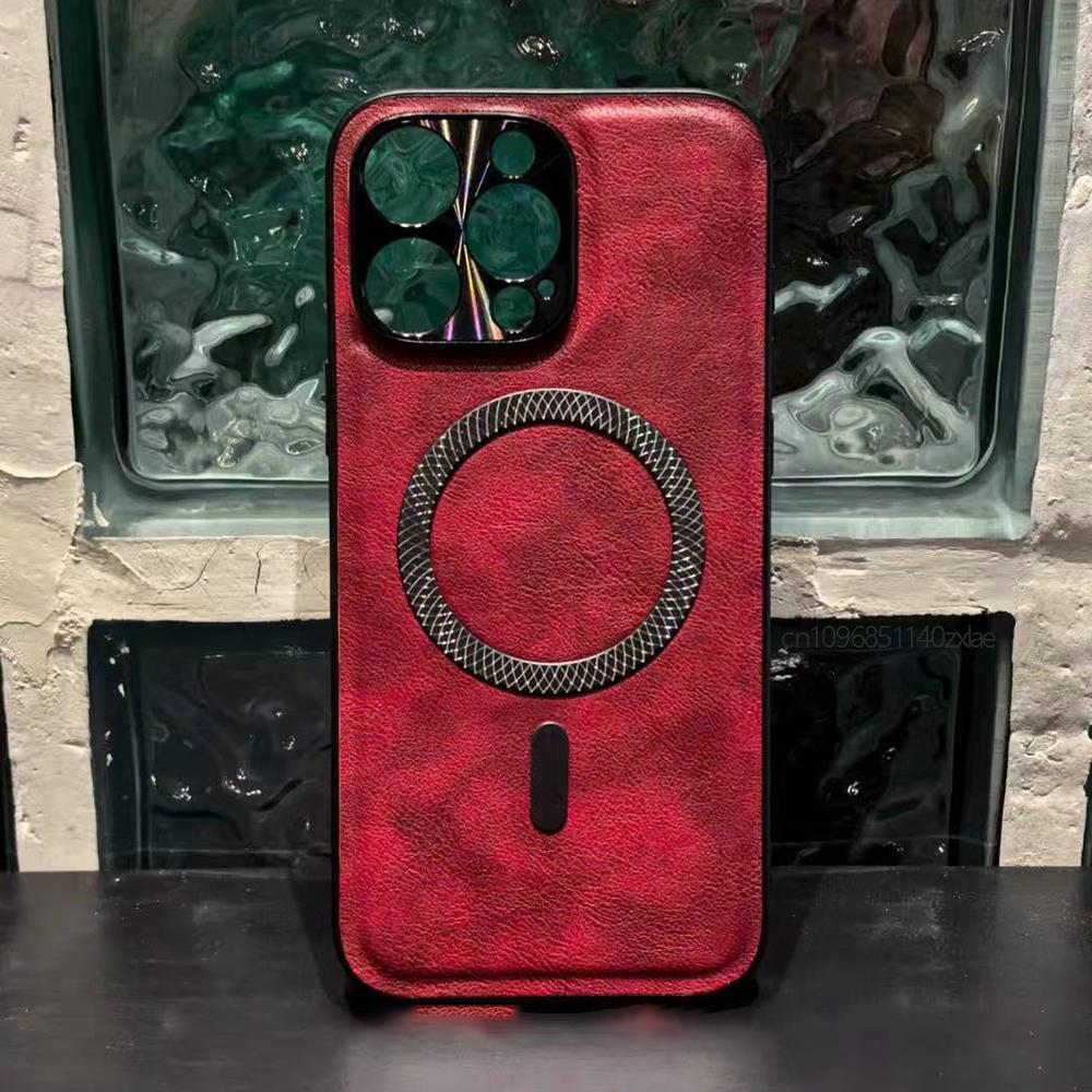 

Ретро Кожа Crazy Horse Магнитный Чехол для iPhone 17 16 Pro Max 15 14 13 12 Pro Max Для MagSafe Простая Текстура Кожи Чехол iPhone 16 Pro красный