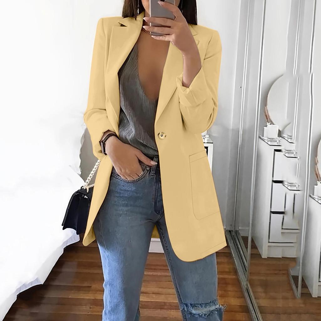 Damen Langarm Einfarbig Anzug Kragen Schlank Strickjacke Einknopf Anzugjacke