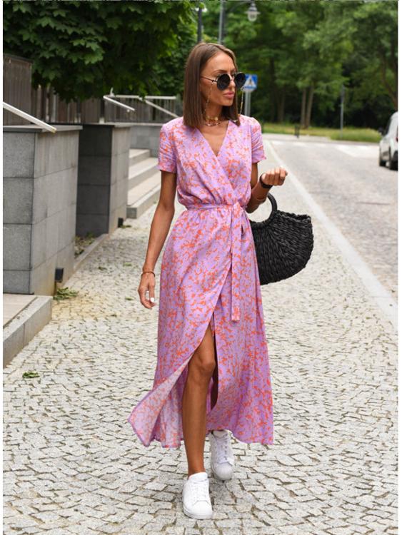 2026 European & American Women's Summer V-neck Floral Lace-up Dress