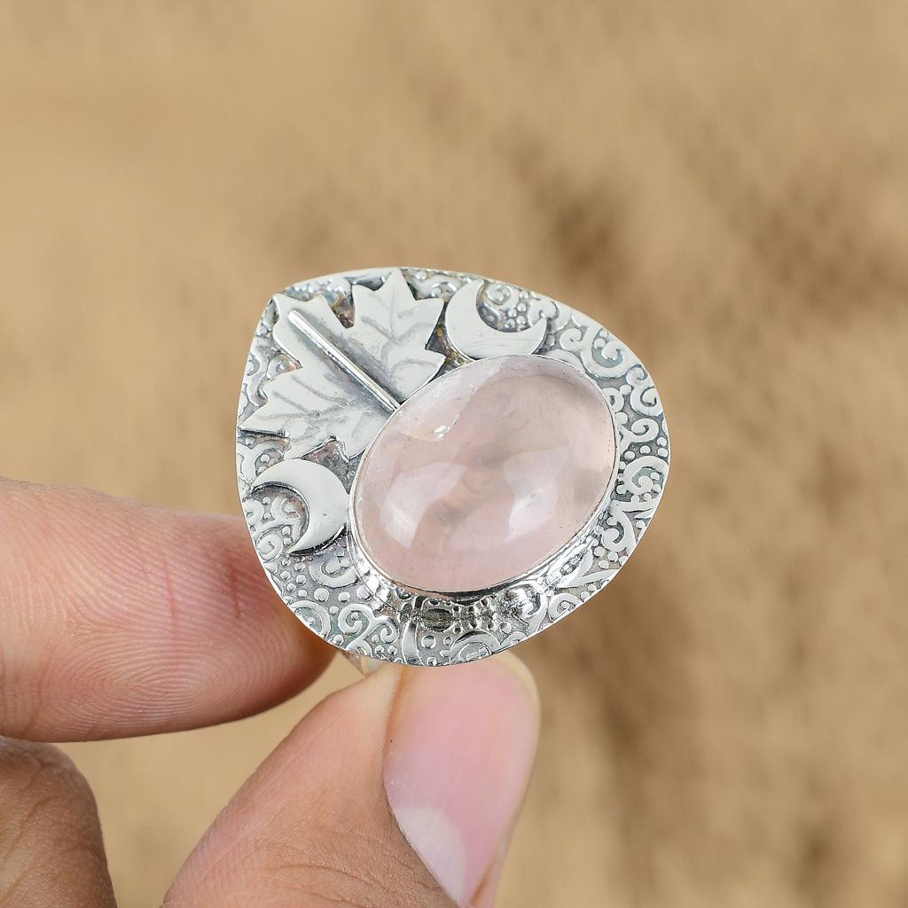 Mothers day Sale 925 Sterling Silver Rose Quartz Stone Cresent Moon Promise Ring