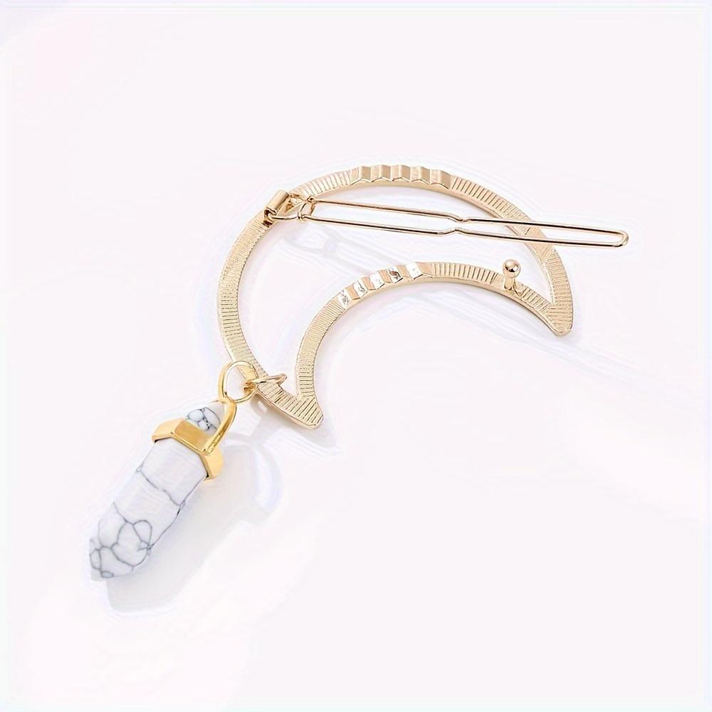 Eleganter sechseckiger Säulen-Naturstein-Anhänger, Metall-Haarklammer in Halbmondform für Damen, Haaraccessoire im schlichten Stil