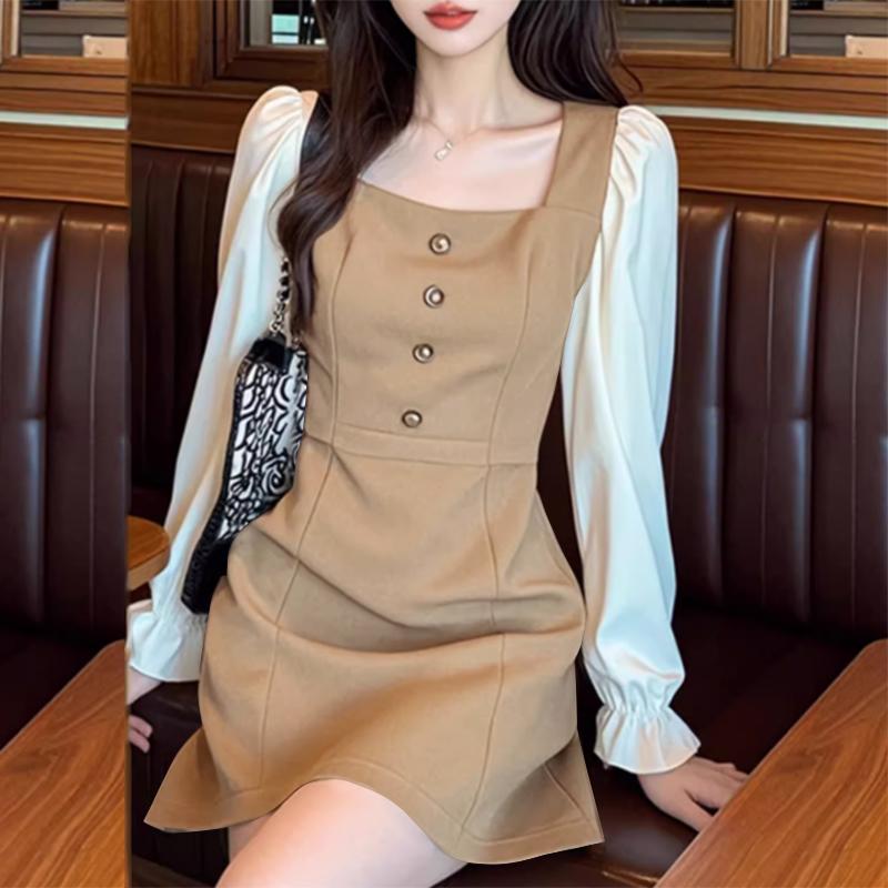 VONDA Women Casual Long Sleeve Square Neck Colorblock Dress