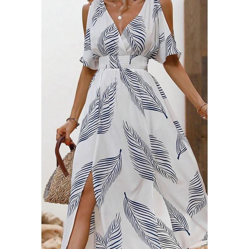 

Women Leaf Print Cold Shoulder Maxi Dress With V Neck And Smocked Waist And Slit S