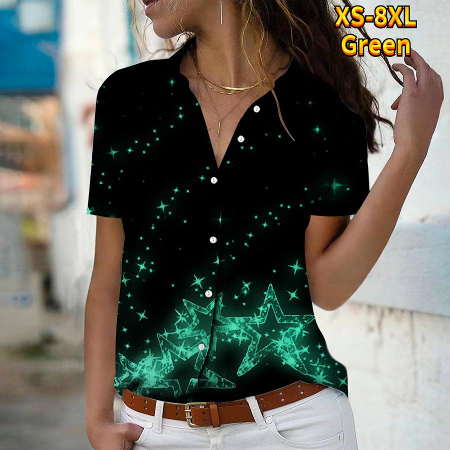 

2025 Літо Нова Мода Жіноча Сорочка Топ з Коротким Рукавом V-подібним Вирізом Кежуал на Ґудзиках з Принтом Зірок XS зелений