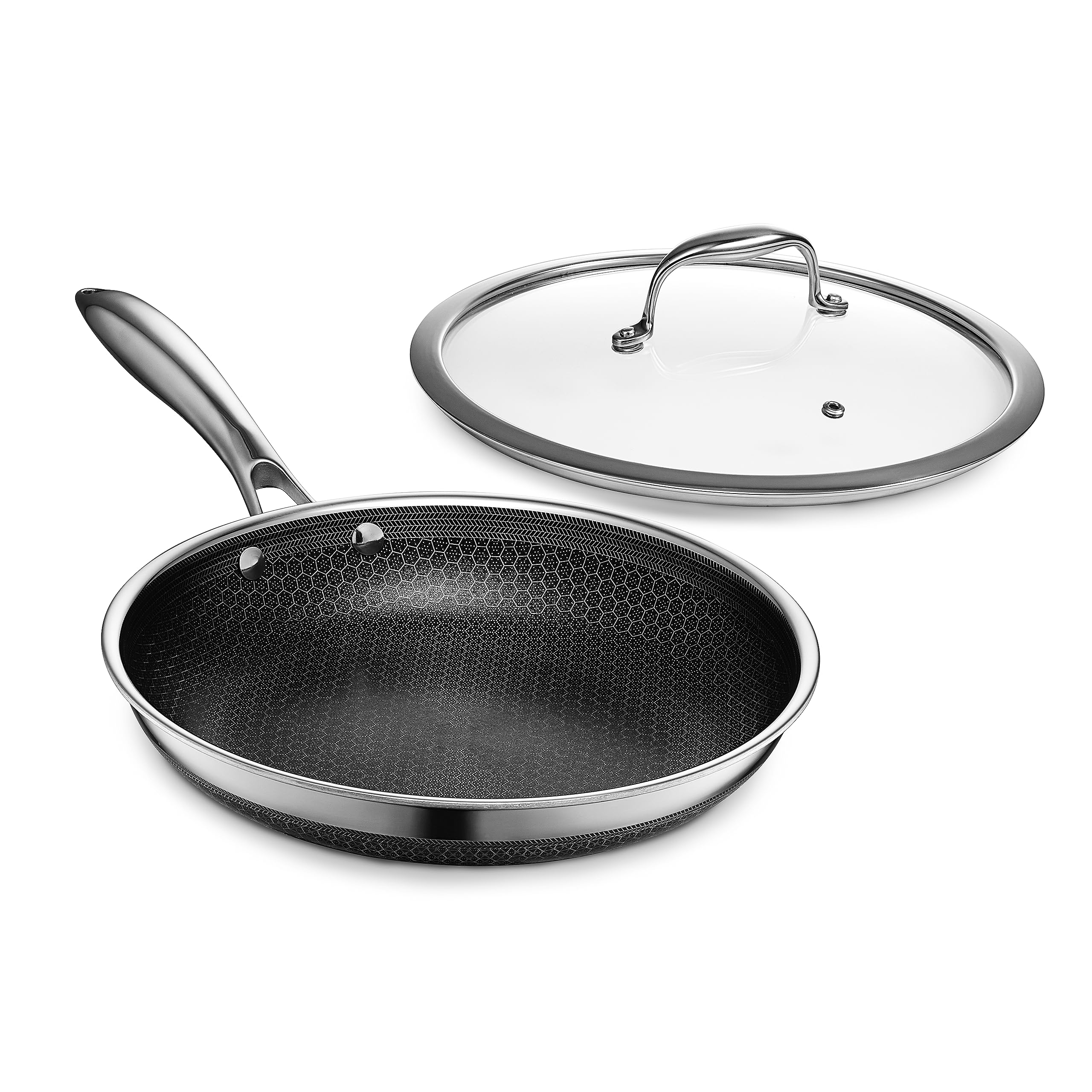 

HexClad 26cm Hybrid Nonstick Frying Pan Induction Oven Dishwasher Safe Tempered Glass Lid