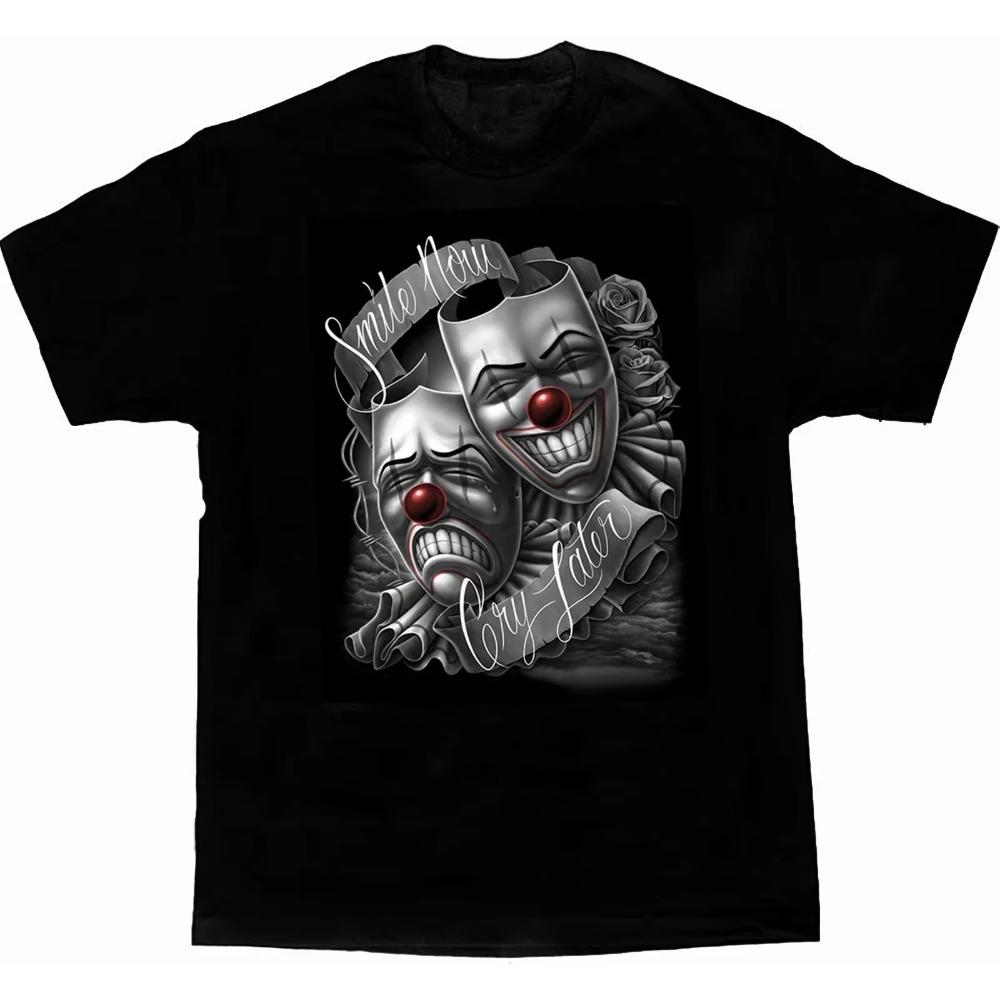 Pánské tričko s krátkým rukávem, ležérní, volný top, velikost S-4XL, Smile Now Cry Later, chicano umění, dramatická maska.