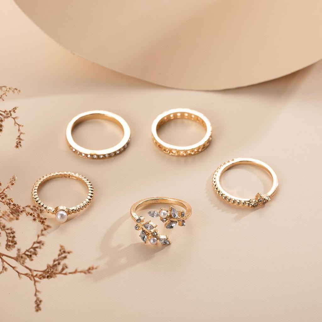 Combination Ring, Fashionable Pearl Dot Diamond Leaf Chain 5-Piece Set Ring For Women