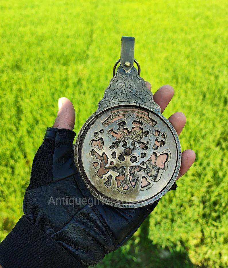 Antique Brass Astrolabe Calendar with Leather Case (8 Inch)