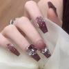 Red Rose French Tip Long Ballet Press On Nails Full Cover Fake Nail Tips For Women Decorative False Nails