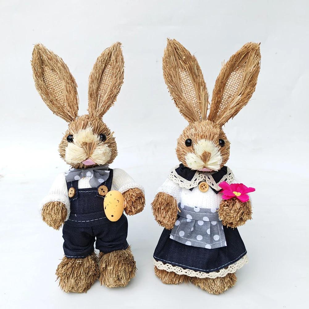 23cm Yard Party Home Easter Decor Woven Straw Bunny Rabbit Sculpture Statuette Easter Ornament