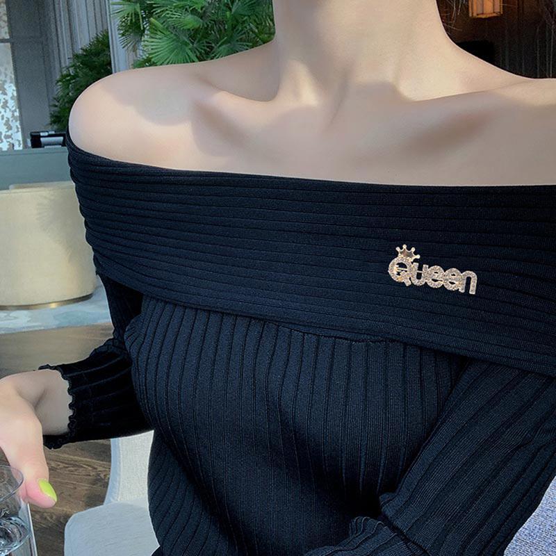 Rhinestone Queen Brooches Women Crown Letters Party Office Brooch Pins Gifts Anti-Glare Button Cardigan Short Sleeve Suit Accessories