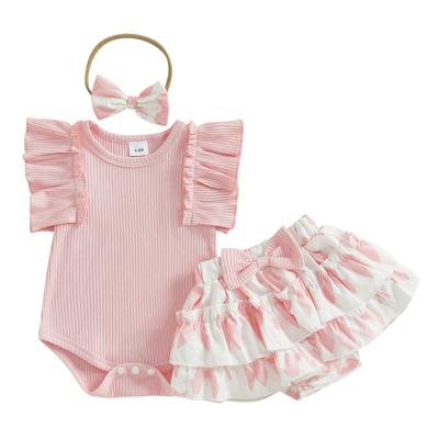 Baby Girls 3Pcs Summer Outfit Short Sleeve Romper + Bow Ruffle Shorts + Headband Set Infant Clothes