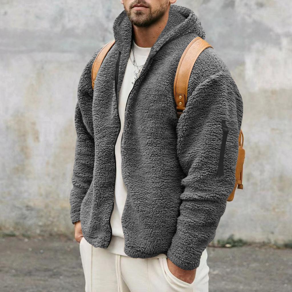 Men's Casual Loose Double-faced Fleece Jacket Solid Color Zipper Hooded Plush Warm Coat
