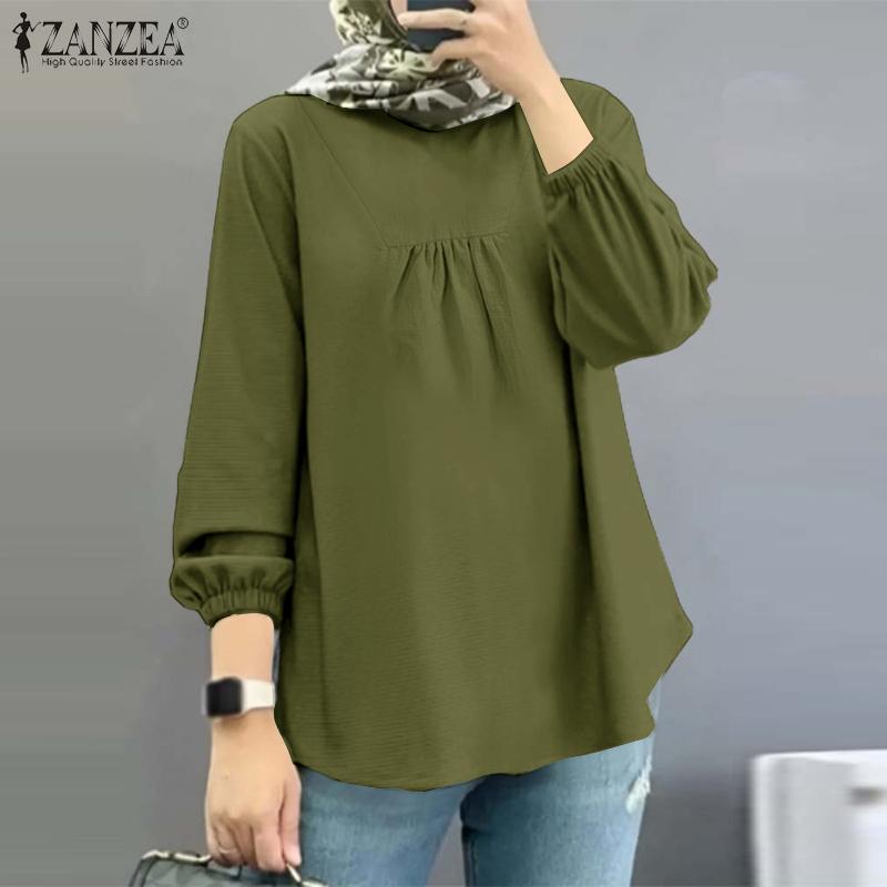 

ZANZEA Женская повседневная свободная блузка с круглым вырезом и длинными рукавами