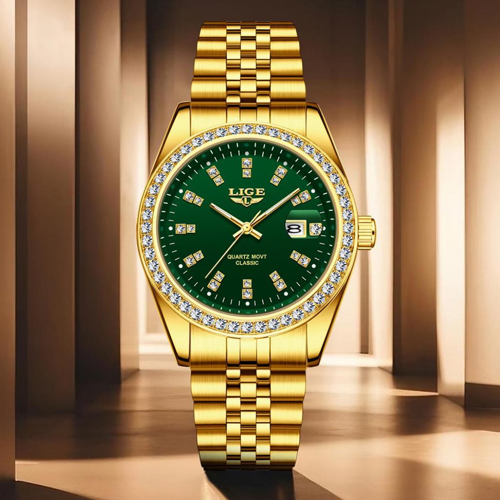 LIGE Men's Elegant Quartz Watch with Large Diamond-Inlaid Dial