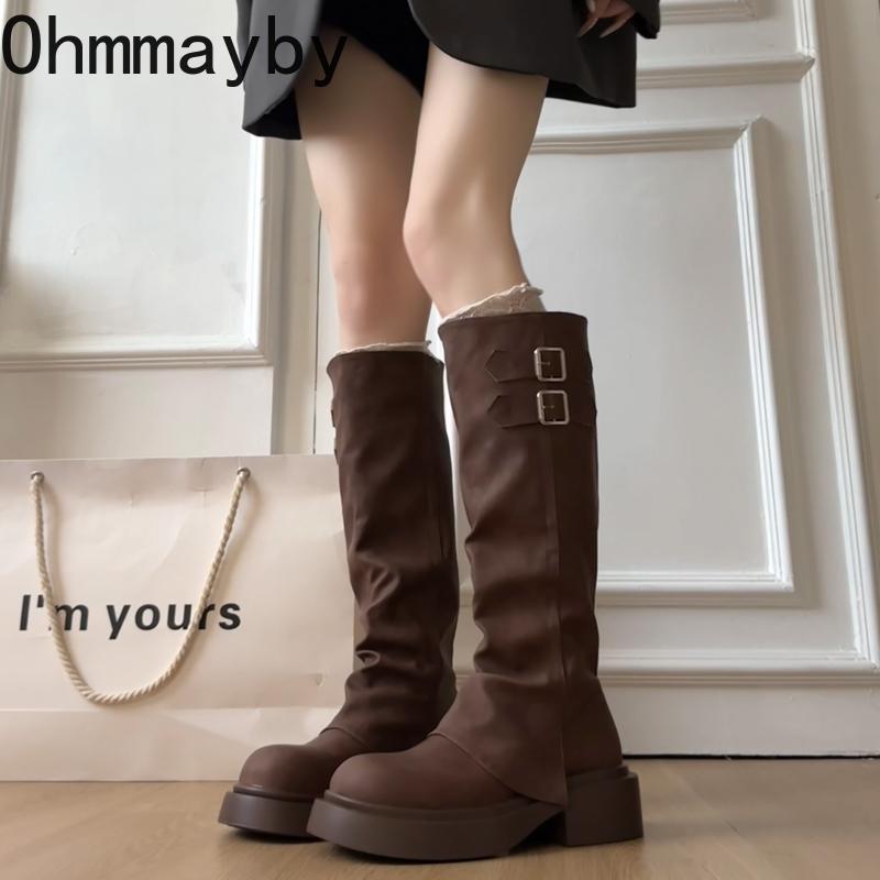 Winter Woman Knigth Knee-High Boots Street Style Thick Sole Belt Buckle Slip On Shoes Vintage Long Booties  De Muje