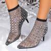 Europäische und amerikanische sexy spitze dünne Absätze Übergröße Netzstrümpfe Cutout Strass Stretch durchsichtig Mode High-Heel-Sandalen