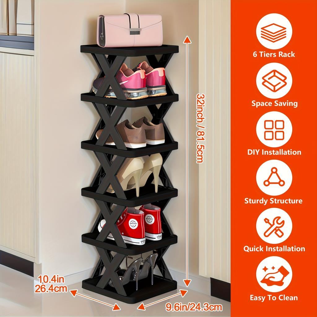 1PACK 6-layer Heavy-duty Shoe Rack, Foldable and Stackable, Space-saving Narrow Design, Sturdy Plastic Shoe Rack