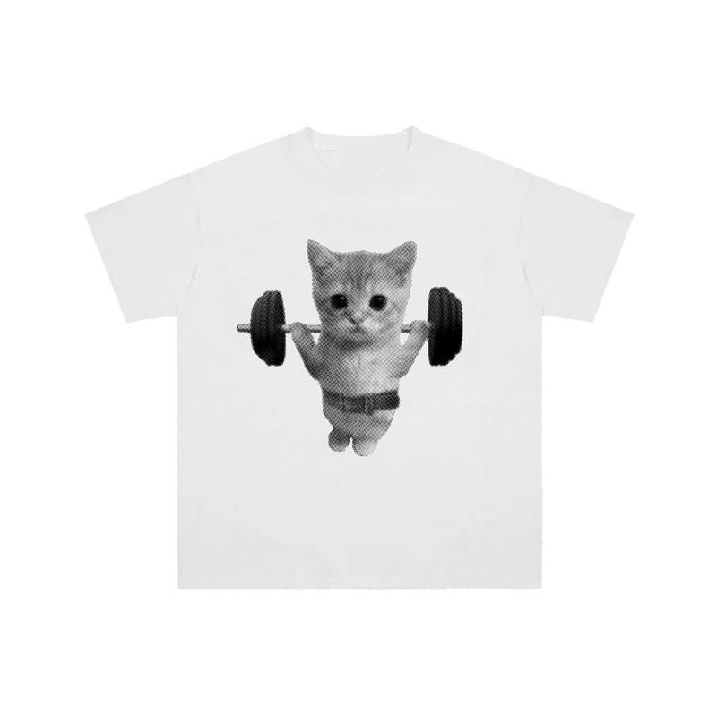 Adult and Children Parentchild Contrast Full of Fitness Kitten Home Daily Cotton Short Sleeve Sports Casual Tshirt