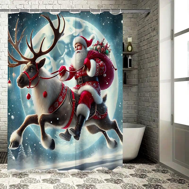 Santa Claus Riding Reindeer Shower Curtain Festive Christmas Decor Waterproof Fabric For Bathroom Home Improvement Elevate Space