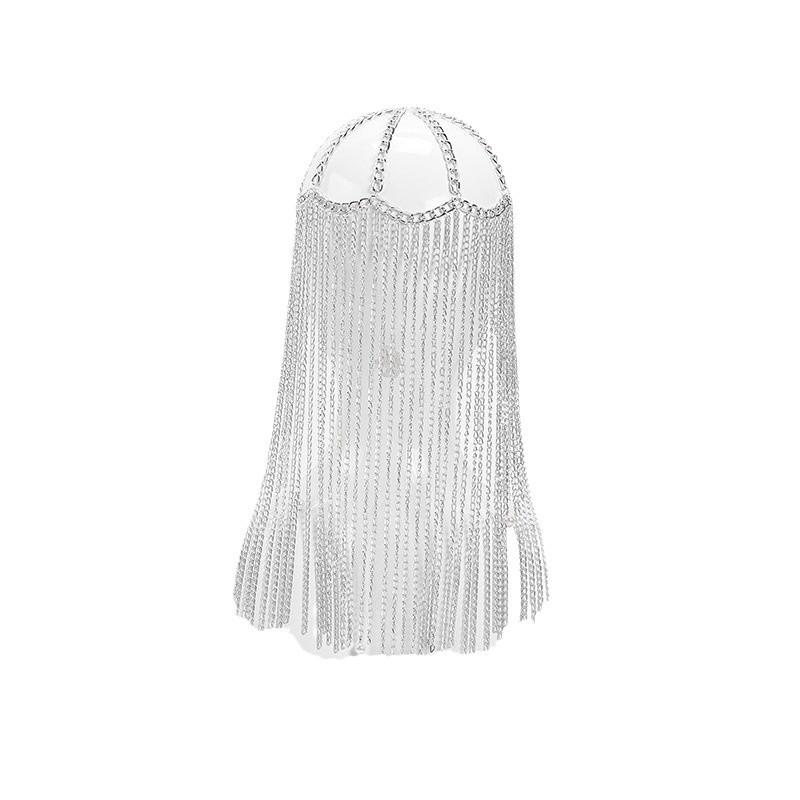 Exaggerated Long Tassel Aluminum Chain Headpiece with Pearl Pendant for Women