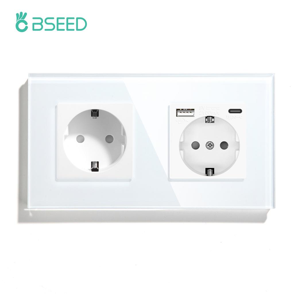 BSEED Double EU Wall Socket Type-c USB Power Sockets Android Apple Mobile Phone Charging Ports Glass Panel 16A