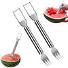 Coupe-pastèque Acier inoxydable 2-en-1 Fourchette à fruits Outil de coupe Double tête Trancheuse à fruits Portable Coupe-pastèque Machine de cuisine pour couper les fruits