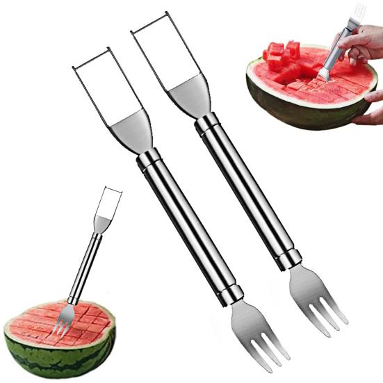 Watermelon Cutter Stainless Steel 2-in-1 Fruit Fork Cutting Tool Double Head Fruit Slicer Portable Watermelon Slicer Kitchen Fruit Cutter Machine