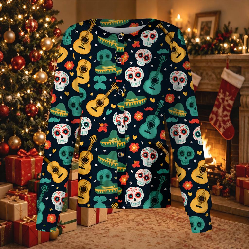 Women's Casual Long Sleeve Single-Breasted Print Scrub Top