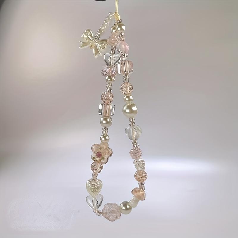 

Mobile Phone Charm Featuring Adorable Pink Floral Designs, Heart-Shaped Chain for Girls, Made with Resin Beads And Hanging Rope Jewelry